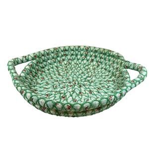 Woven Coiled Fabric Bread Bun Basket Handles Green Floral Rustic Shabby Chic